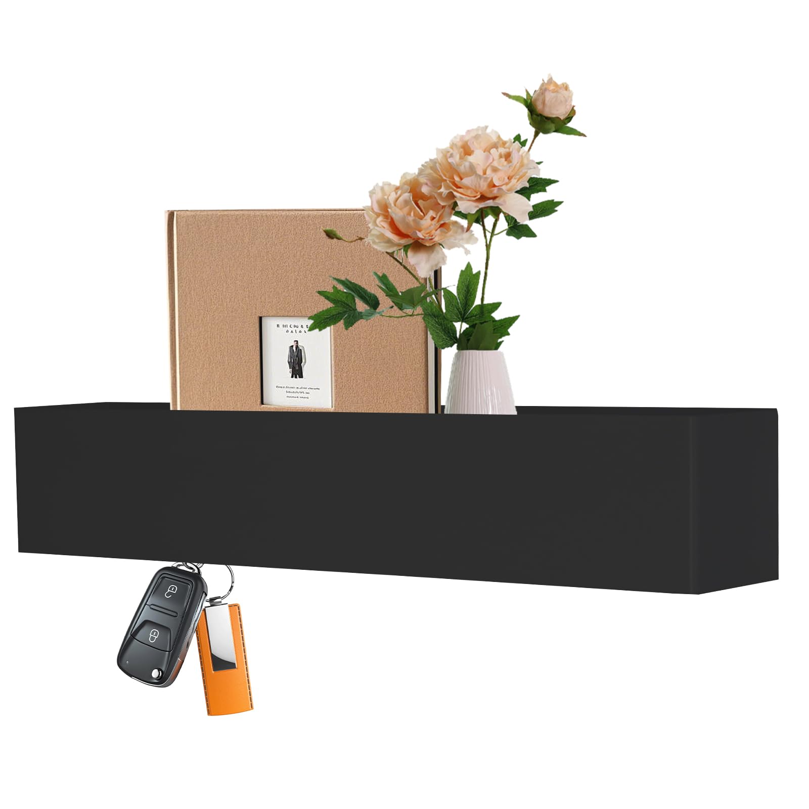 Mocrop Portachiavi da 43 cm, con ripiano, gancio appendiabiti nero, moderno, stile minimalista, gancio nascosto, appendiabiti da parete con ripiano, appendiabiti in ferro, per mobili da corridoio