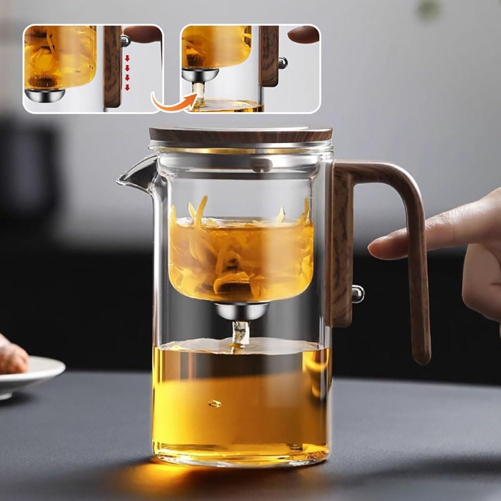 Wassertrennende Glasteekanne, Wassertrennende Glasteekanne mit Holzgriff, Druckkontrolle, magische Teekanne aus Glas, magnetische Filterteekanne mit zwei Sieben (720ml)