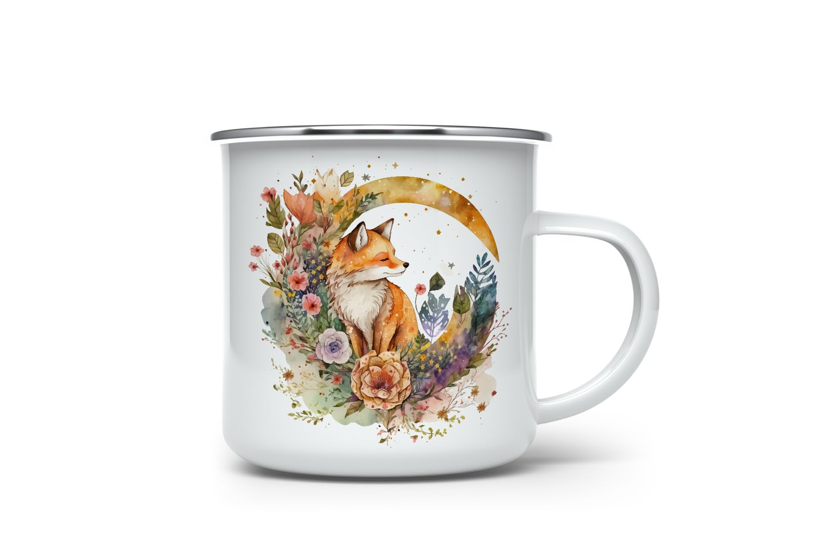 MAXIKIWI - Durable Enamel Coffee or Tea Camping Mug for Indoor Outdoor Use - Cute Fox on the Moon - 350ml