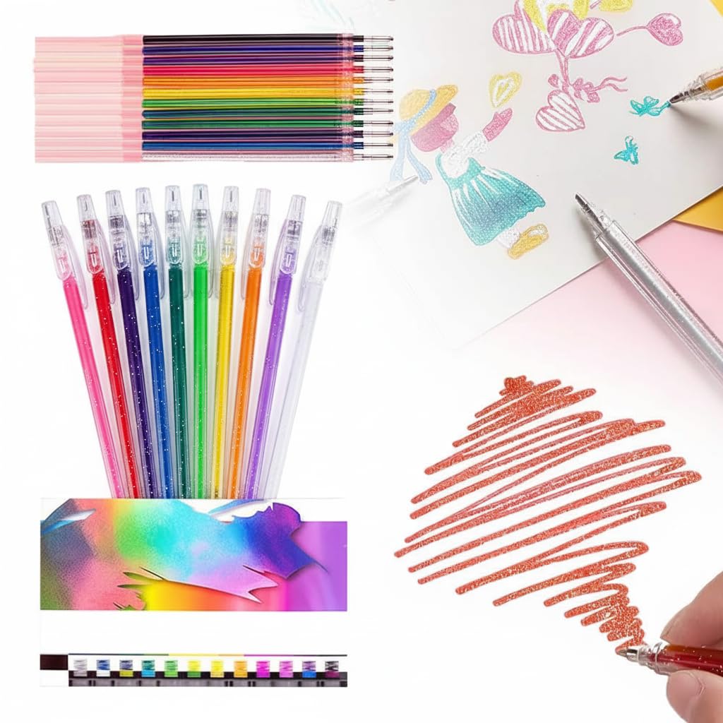 Glitter Gel Pen Set, Pens for Adult Coloring Books Fine Tip Colored Markers Pens Glitter Pens, Multicolor Glitter Gel Pens for Writing Drawing, Party Invitations, Greeting Cards(12 Pcs with Refill)