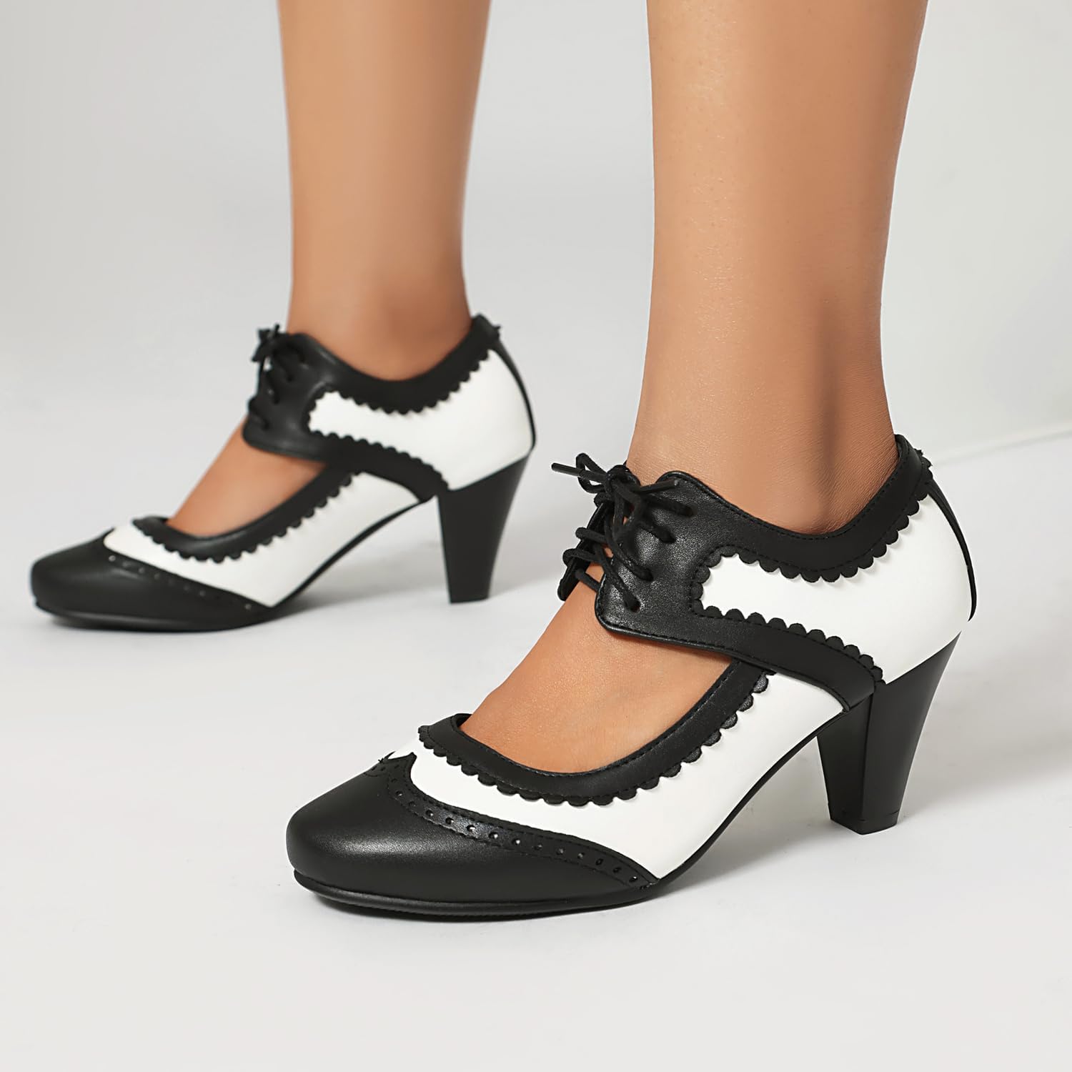 Elerhythm Women's Mary Jane Lace Up Closed Round Toe Vintage Heels 1950s Pumps 1920s Victorian 1940s Retro Shoes - Image 4