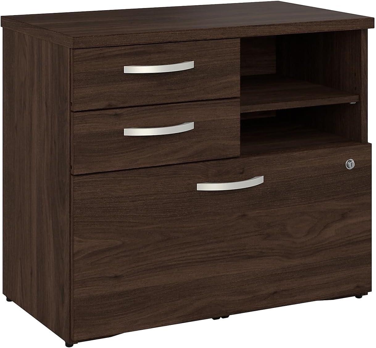 Bush Business Furniture Hybrid Office Storage Cabinet with Drawers and Shelves, Black Walnut