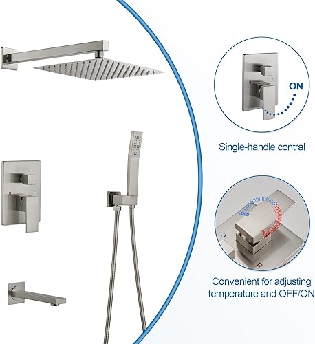 Miniatura 7 de Sistema de ducha de lluvia con boquilla de bañera, ducha de lluvia de 10 pulgadas y de mano, juego completo de válvula áspera y kit de molduras