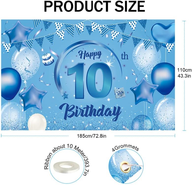 Soccer 10th Birthday Banner Decorations - Blue Soccer Ball Themed Party Backdrop & Supplies