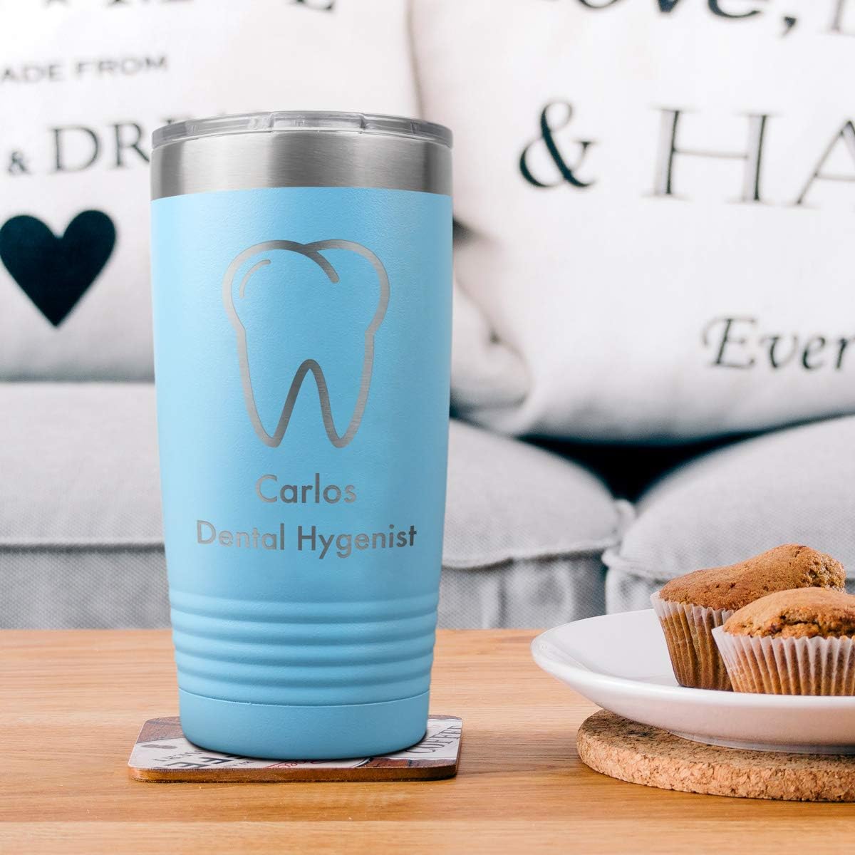 PlaqueMaker Personalized Coffee Tumbler For Dentist, Orthodontist, Pediatric Dentist, Dental Hygienist, Dental Student or Dental Assistant. (Light Blue)