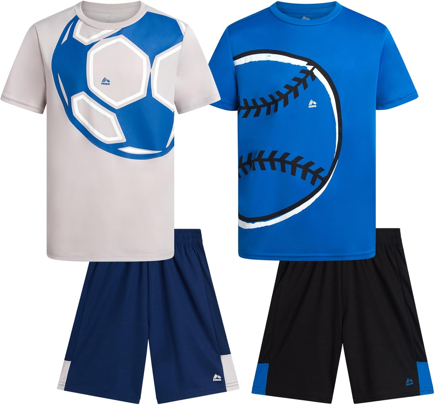 RBX Boys Shorts Set - 4 Piece Soft Active Performance Short Sleeve Graphic Tees and Athletic Gym Shorts for Boys