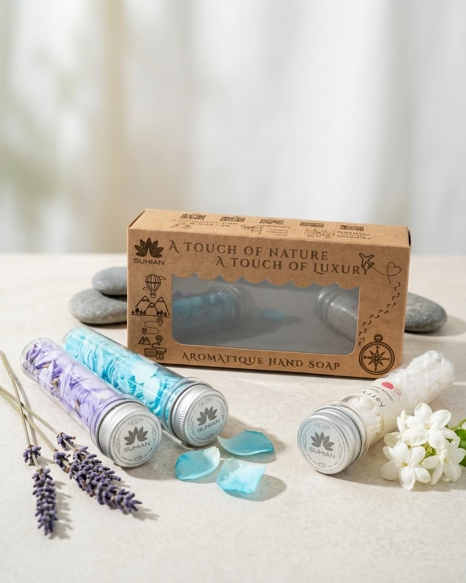 Aromatique Hand Soap Petals 6 Fruit Scents Gift Box (Pack of 3) | Travel-Ready Glass Vials: Secure, pocket-sized tubes keep soap petals dry and ready for daily commutes or camping trips.-image-19