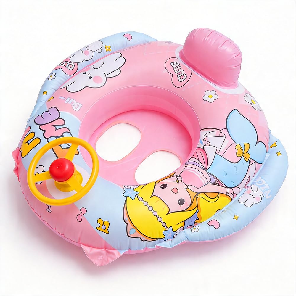 Wxeadu Baby Pool Float, Baby Swimming Float, Kids Inflatable Swim Ring with Steering Wheel & Handles, Baby Float, Cute Baby Swimming Ring, Toddler Swimming Float for Kids Toddler Girls Boys (Pink)