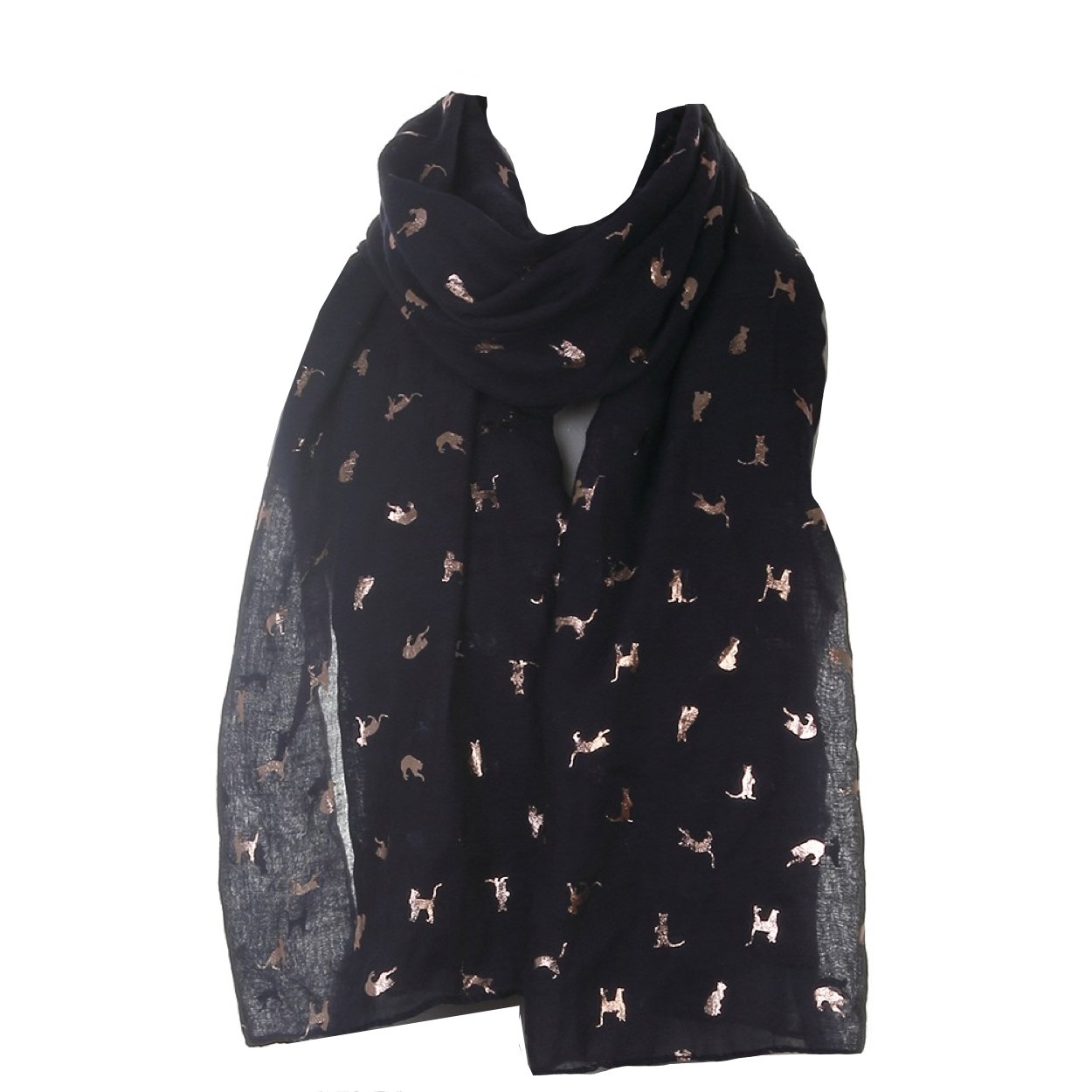 World Of Shawls Women's Glitter Cat Black New Glitter Foil Sparkle Print Scarf Scarves (Glitter Cat Black)