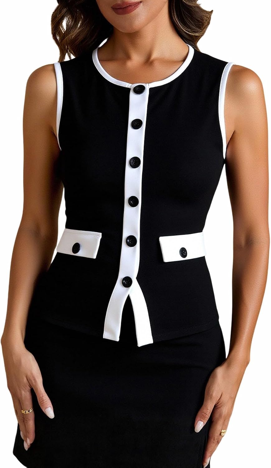 Women's Summer Button Up Vest Elegant Crew Neck Fitted Tank Top Business Casual Tops