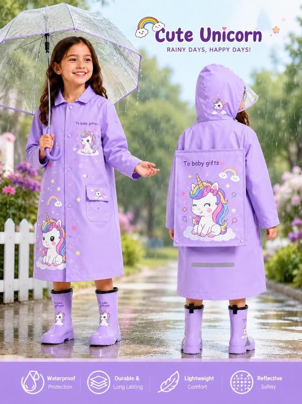 Image of Krystle Kids Glow Cartoon Print Raincoat with Bag Cover | Waterproof Zipper Rain Jacket for Boys n Girls | School Raincoat with Reflective Strip for Kids (Purple,Multisize)