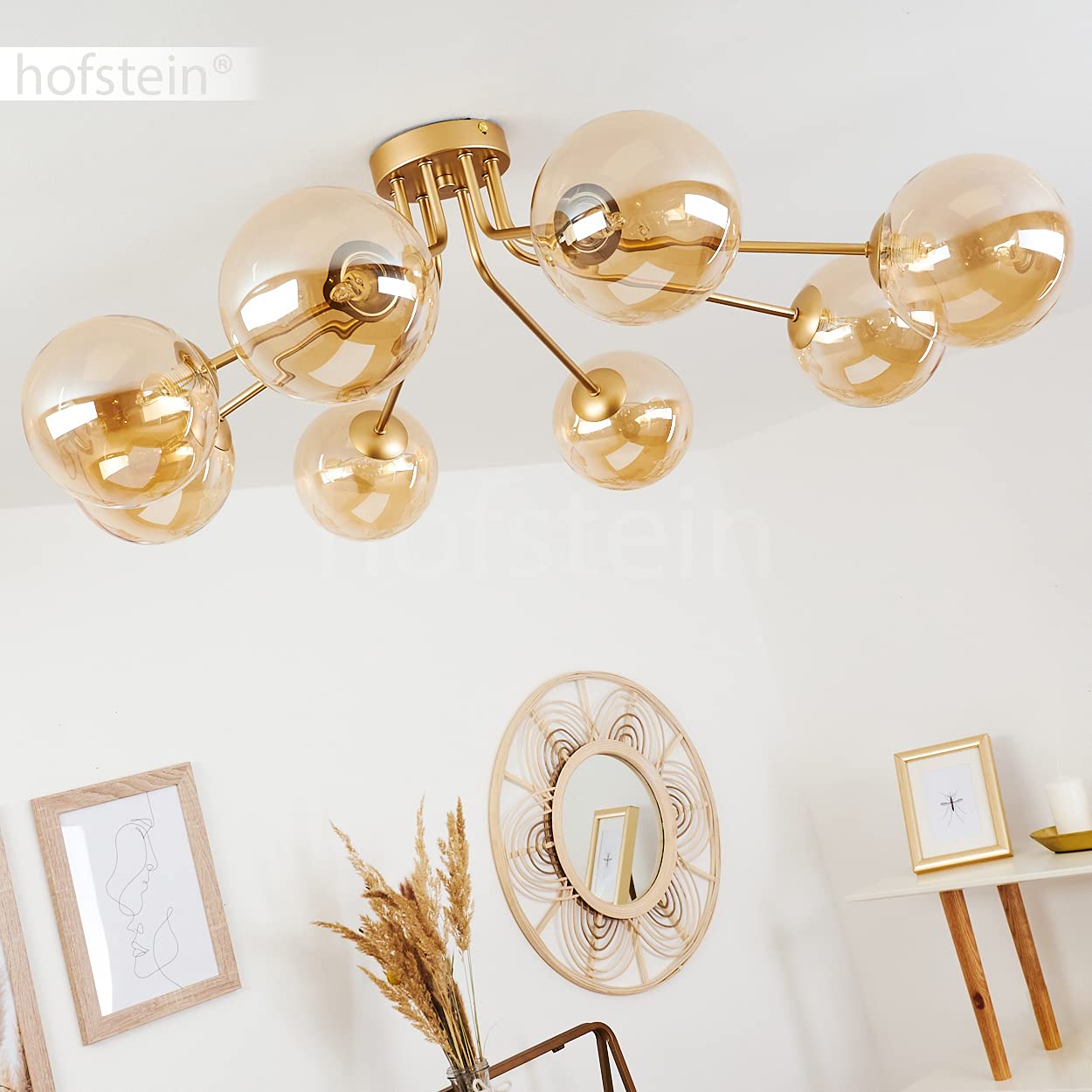 Lampada da soffitto Alden, lampada da soffitto a 8 luci in metallo/vetro in ottone/champagne, lampada moderna con paralumi in vetro (Ø 15 cm) dal design vintage, 8 x G9, senza lampadina/e