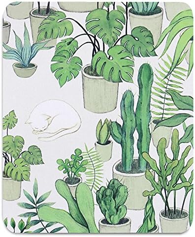Cute Mouse Pad, Custom Cat Cactus Plant Mousepad Green, Original Aesthetic Mouse Pad Design, Washable Square Cloth Mousepad for Office Laptop, Non-Slip Rubber Base Mouse Pads for Wireless Mouse