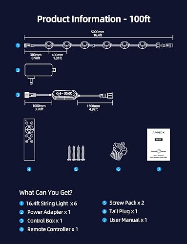 Miniatura 8 de APPECK Luces permanentes para exteriores de 100 pies con 72 LED, modos de escena de bricolaje, cadena de luces inteligentes RGBW impermeables,