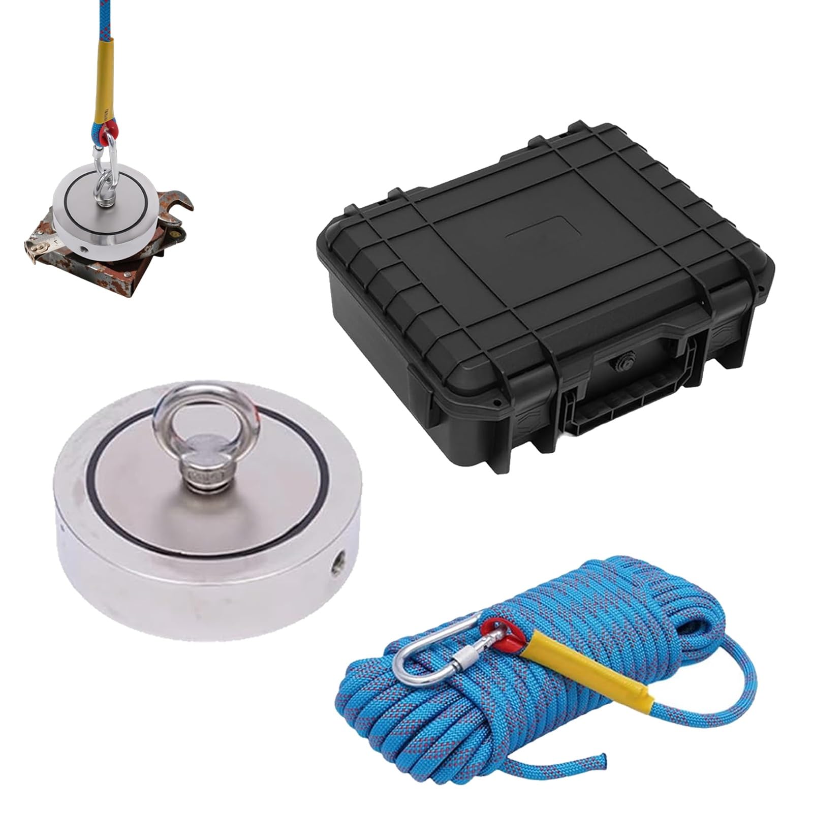 Kit da Pesca Magnetica con magneti di Recupero Rotondi da 3000 libbre, Corda da 66 Piedi, Scatola e Guanti per la Caccia al Tesoro nei fiumi e nei Laghi