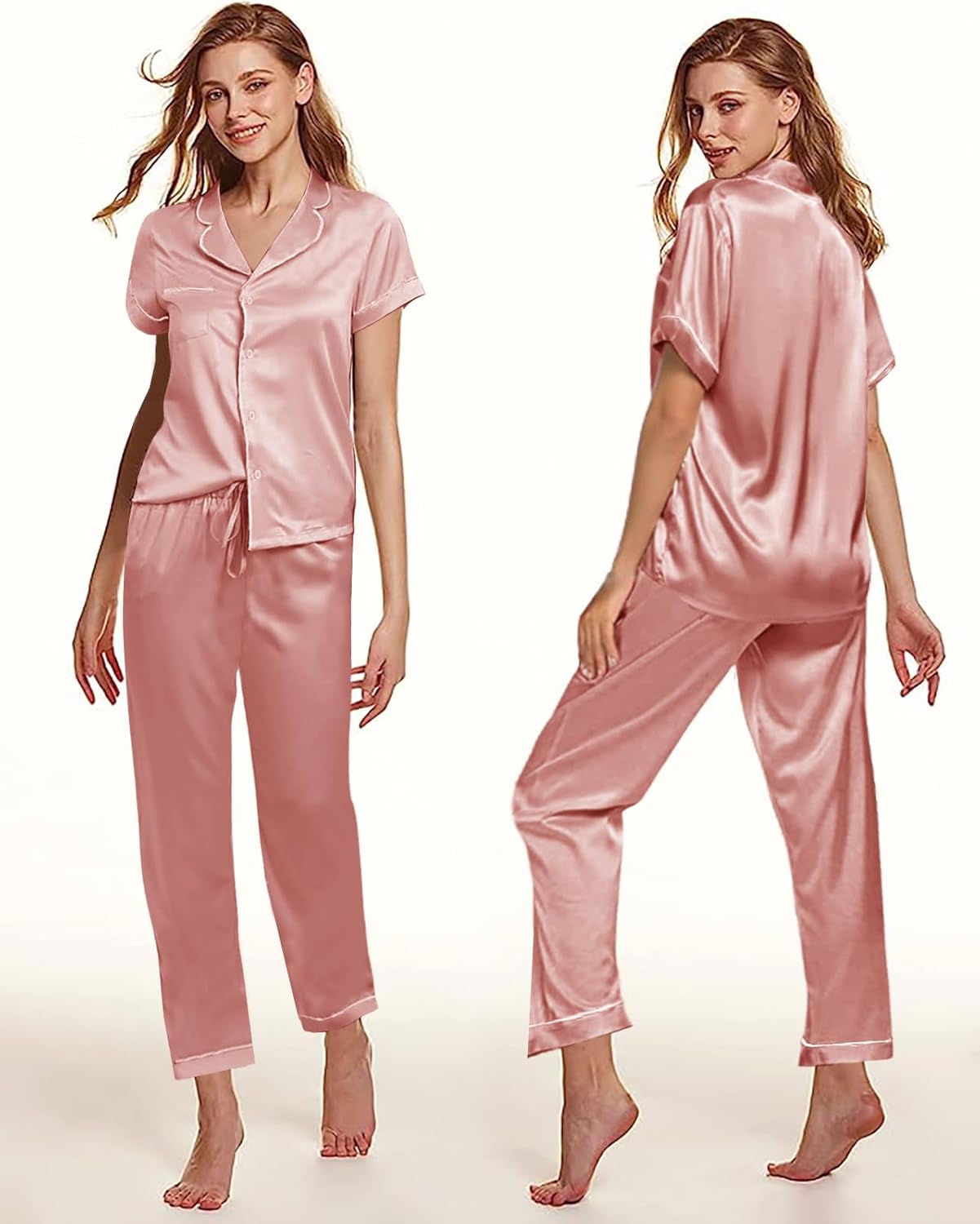 Womens Pajamas Set XS-4XL Silk Satin Pajama Sets Short Pj Sets Button Down Pjs Set Loungewear Sleepwear - Image 6