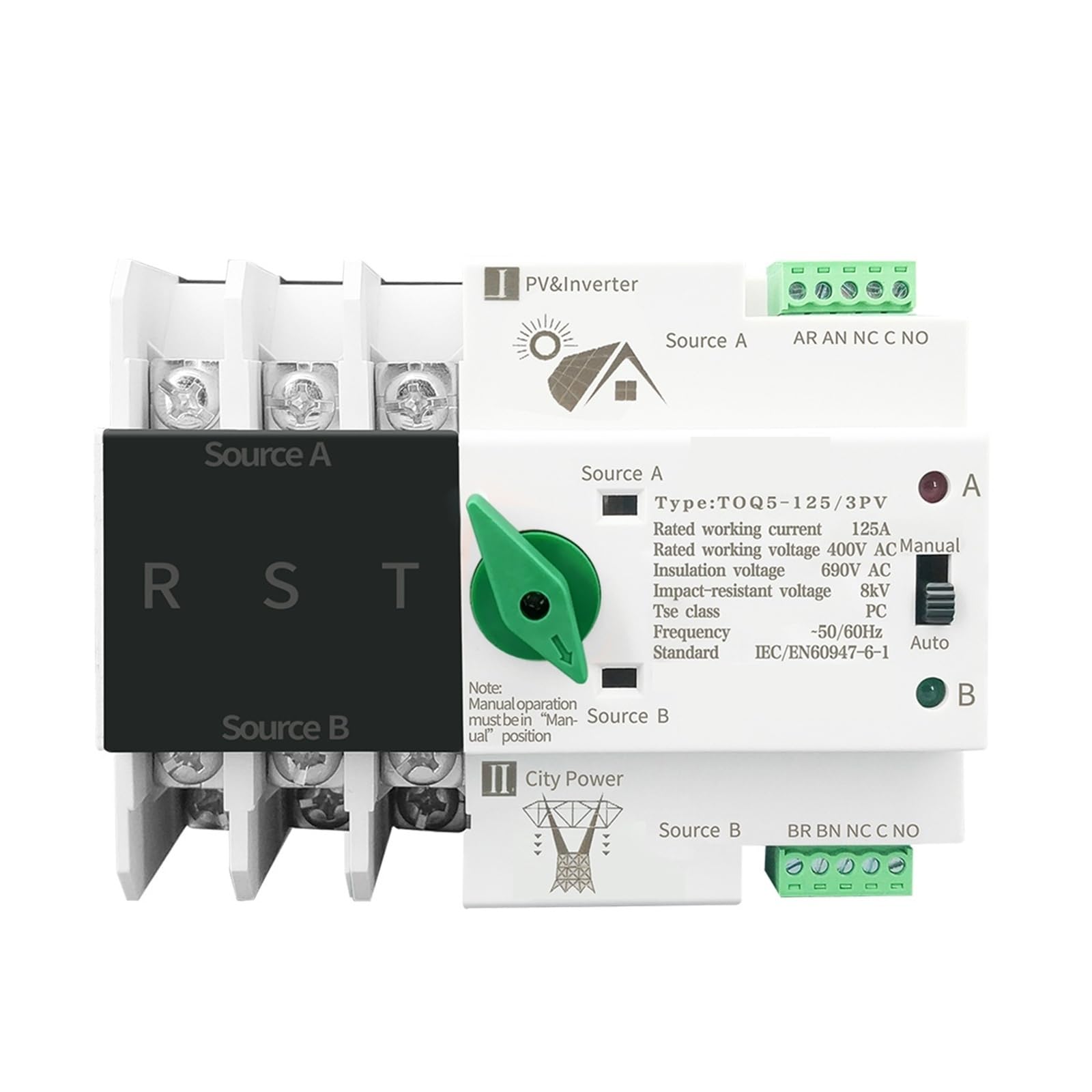 Interruptores selectores de transferencia automática potencia dual ATS riel DIN trifásico 3P, ininterrumpidos, 63 A, 100 A, 125 A, 1 unidad(63A)