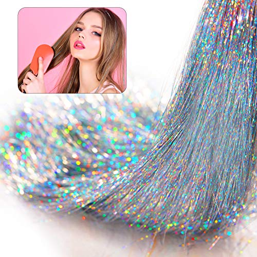 51 Inch 5000 Strands Clip in Hair Tinsel Holographic Hair Tinsel Party Tinsel Hair Extensions Highlights Synthetic Hair Streak Bling Heat-Resistant Glitter Extensions for Girls, Party Hair