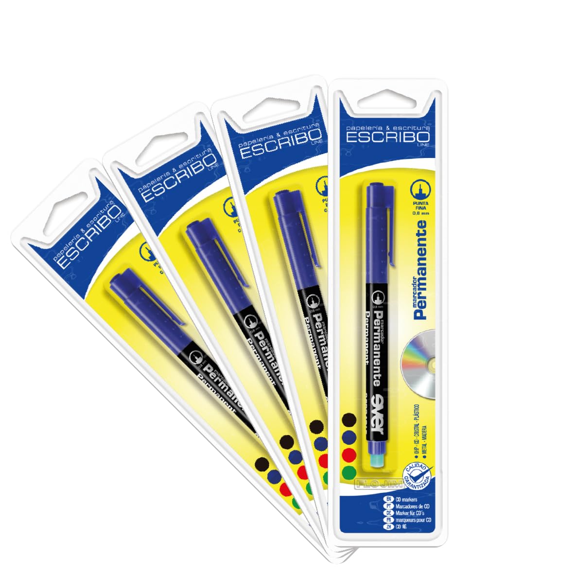 Ever CD - Pack 4 Rotuladores Permanentes Multisuperfiície con Goma - Color Azul - Punta Fina 0,8mm. - Pinta también sobre Plástico