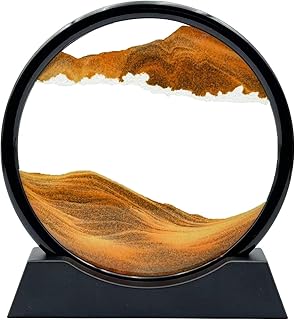 Moving Sand Art Liquid Motion, 3D Deep Sea Sandscape Color Quicksand Decor, Round Glass Moving Sand Art Picture Relaxing Desktop Home Office Work Decor (7 inch-Yellow)