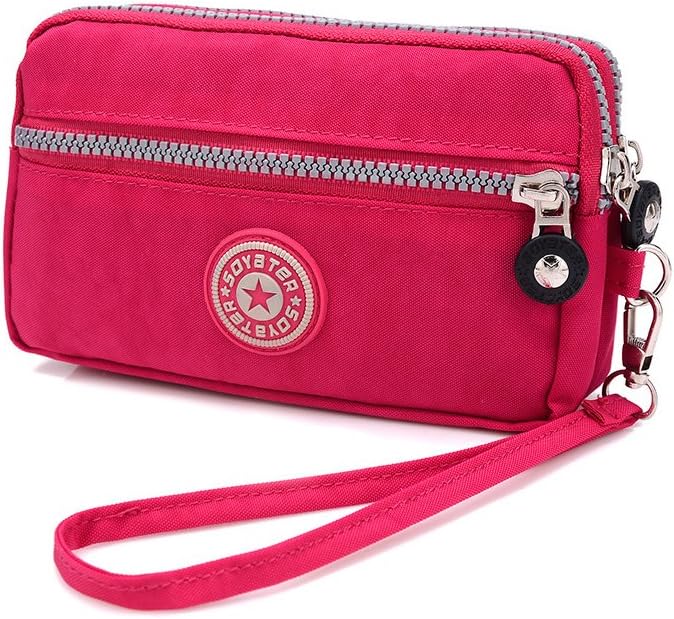 Dual Layers Zipper Purse Waterproof Nylon Wristlet Bag Clutch Handbag Cell Phone Pouch (Red)
