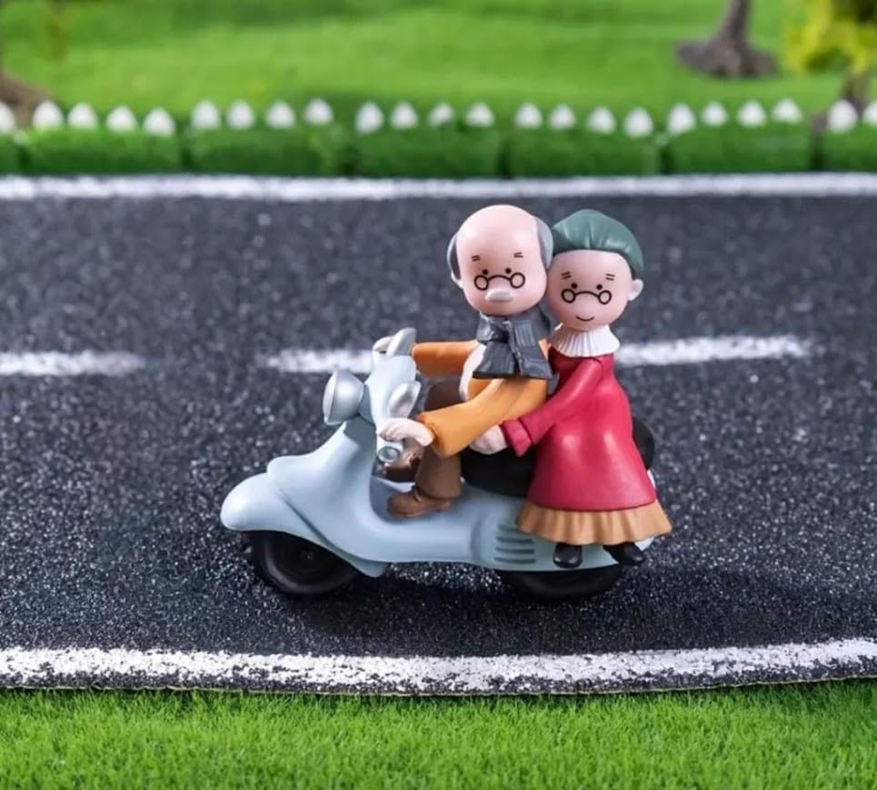 Image of Vintage Decorative Miniature Couple on Scooter Figurine, PVC Garden Ornament, Romantic Home Decor Collection Piece