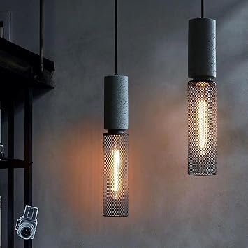 3 Pack Pendant Light Fixture, Concrete Long Tube Pendant Lights with Black Cylinder Metal Mesh Shade, Modern Industrial Mini Hanging Cement Pendant Lighting for Kitchen Island Dinning Room