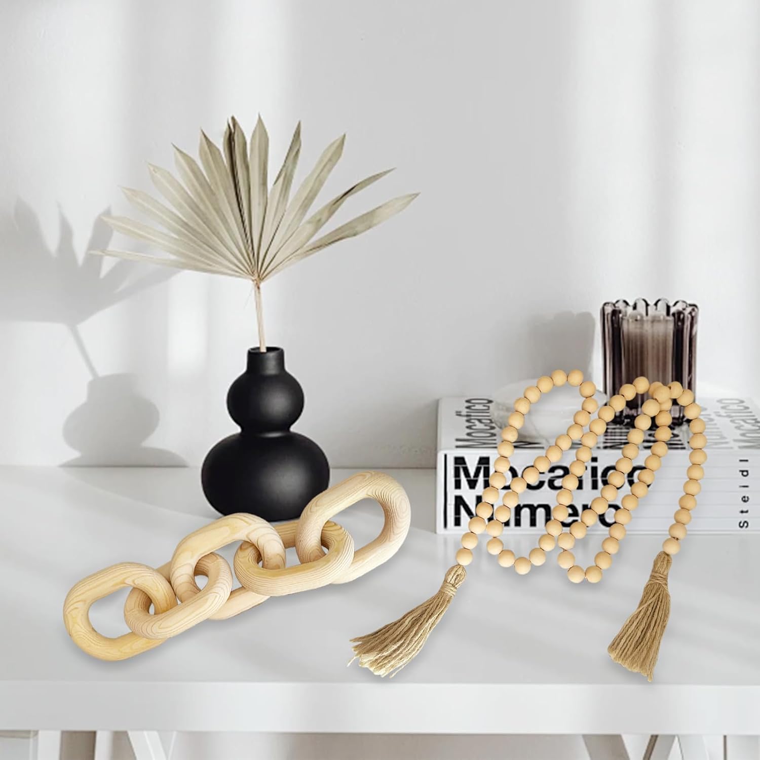 2 Pieces Decorative 5 Link Wooden Chain Decor and Bead Boho Farmhouse Rustic Home Table Decor Coffee Table Shelf Aesthetic Modern Bookshelf Table Wooden Decortion (Natural) - Image 6