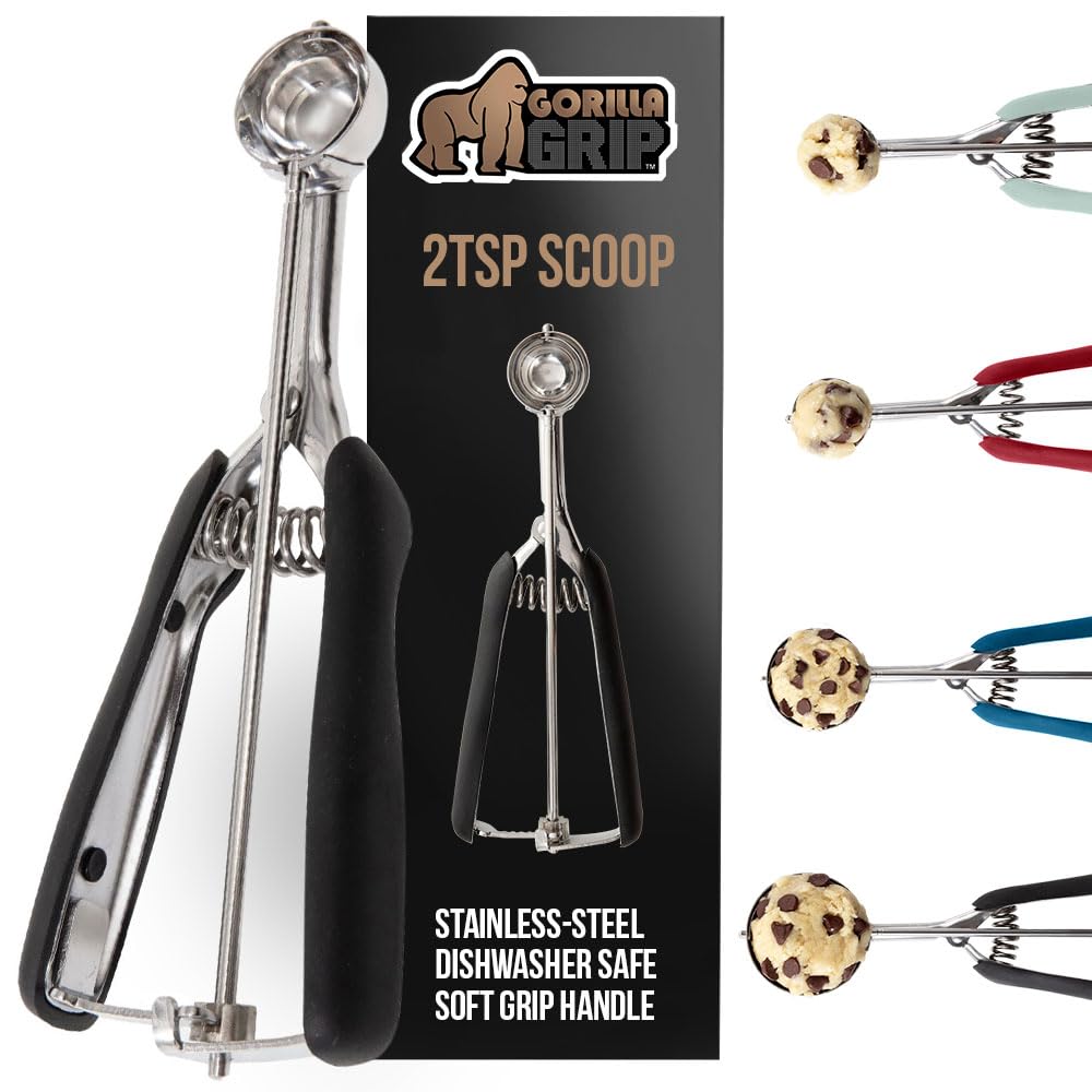 GORILLA GRIP Stainless Steel Cookie Scoop for Baking, 2 TSP, Multipurpose Melon Baller, Meatball Spring Scoops, Perfect Portion Sizes, Easy Food Release, Scooper Size 100, BPA-Free Kitchen Tool, Black