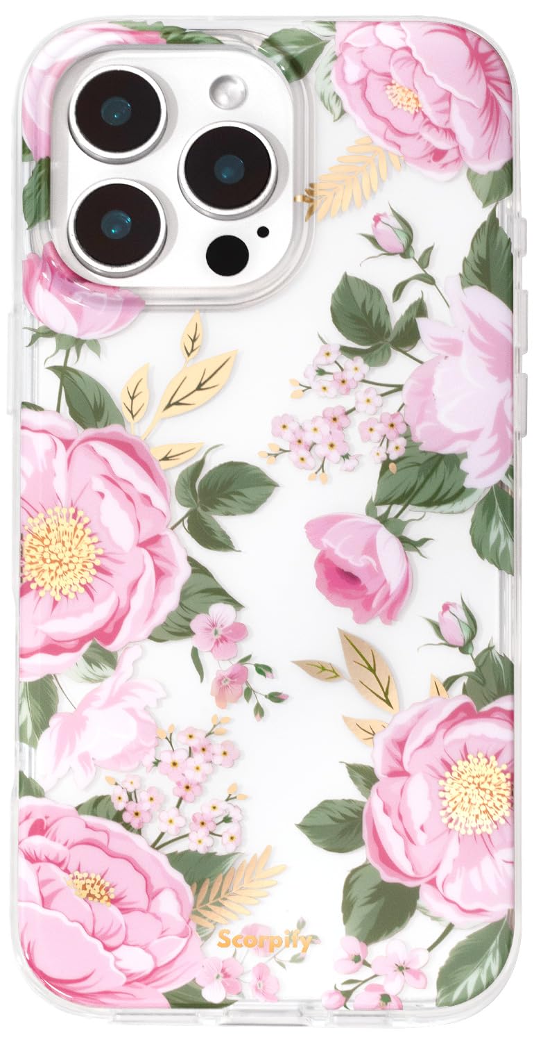 SCORPIFY for iPhone 16 Pro Case with Pink Peony Floral Design, Cute Clear Flower Phone Cover for Women Girls, [Non Yellowing] Slim Shockproof Bumper