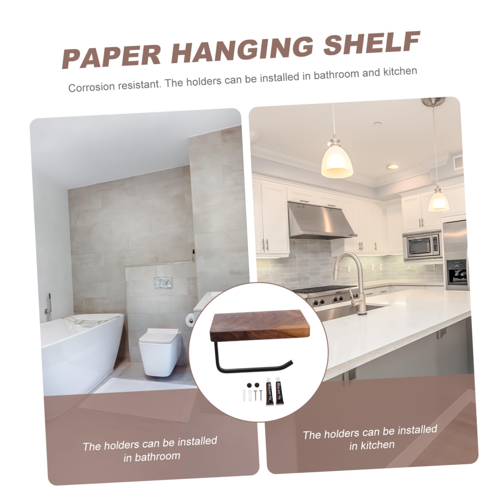 Portarrollos Diseño Práctico y Duradero de Papel Higiénico de Madera y Aluminio Negro, Estante de Pared Instalación sin Taladro Tornillos para Baño y Cocina