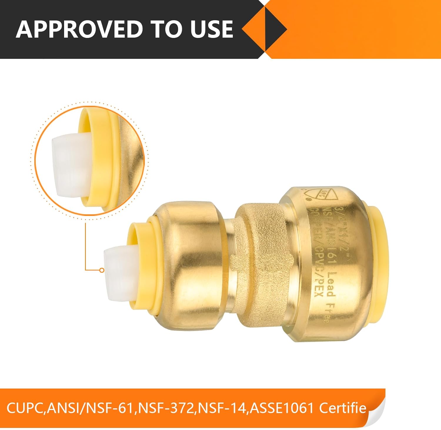 10-Pack HeSun Pushfit Coupling, 3/4"x1/2" Push to Connect Plumbing Fittings with Disconnect Clip, Brass Push-fit Fittings for PEX, Copper, CPVC, PE-RT Pipes(PF017)