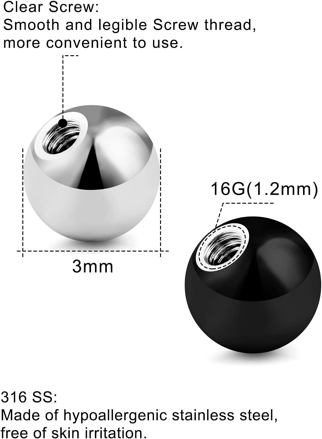 64Pcs 16G Externally Threaded Piercing Balls Stainless Steel Replacement Balls Piercing Parts for Septum Lip Labret Medusa Eyebros Tragus Helix Conch and and Other Body Jewelry