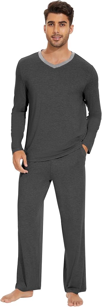 WiWi Mens Viscose from Bamboo Pajama Sets Long Sleeve Top and Pants Sleepwear Comfy Lightweight Loungewear Set S-XXL
