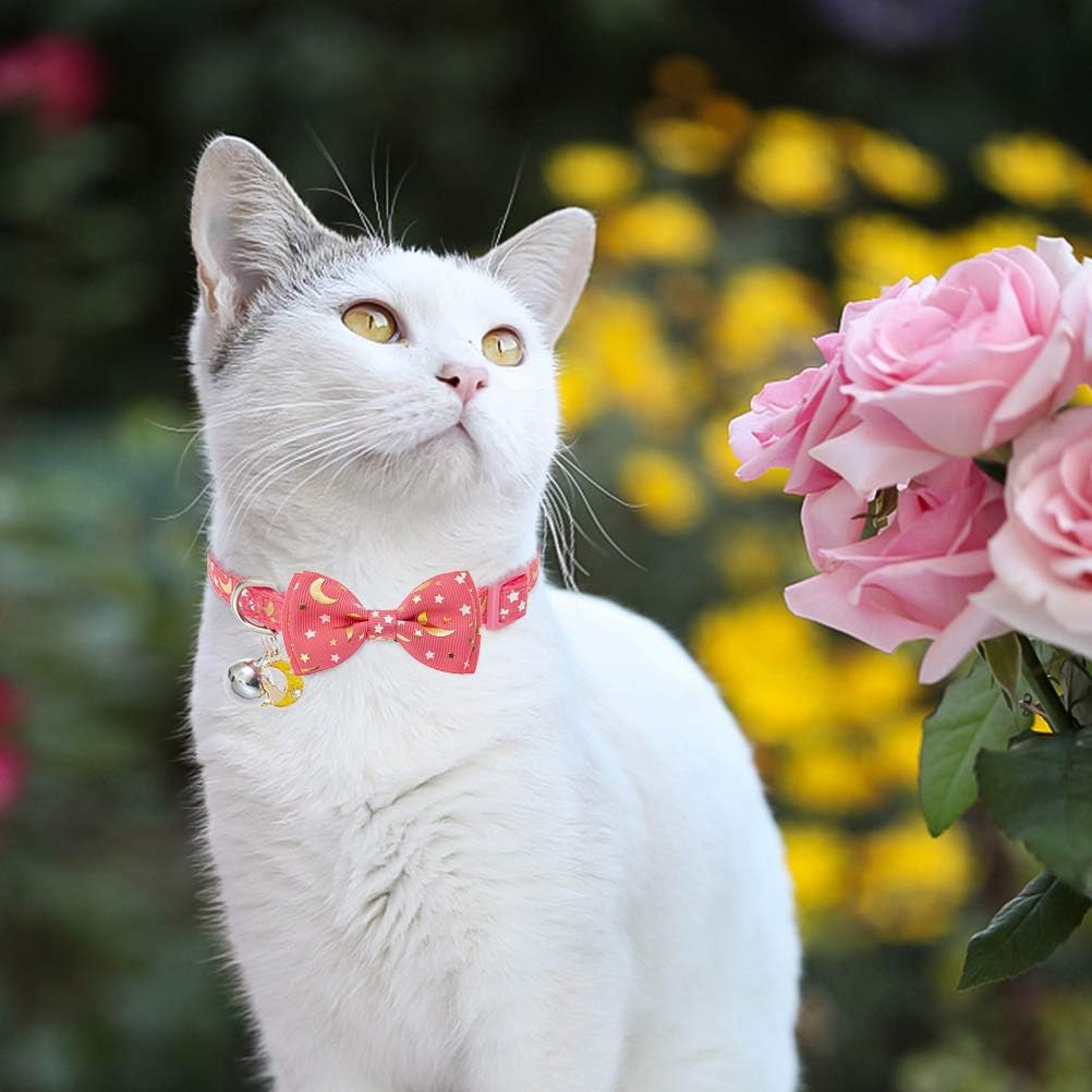 BINGPET Breakaway Cat Collar with Bell 3 Pack, Adjustable Luminous Kitten Collar with Star & Moon Patterns, Removable Bow Tie, Glow in The Dark