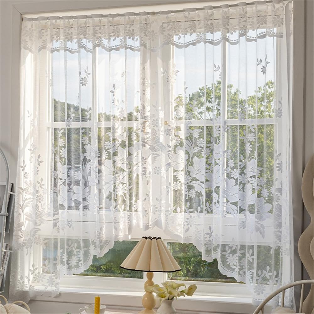 White Lace Arched Sheer Curtain Floral Embroidered Swag Curtain Valance Tier for Doorway Kitchen Bathroom Window, Rod Pocket Top 1 Panel (White,W86 x L35 inch)