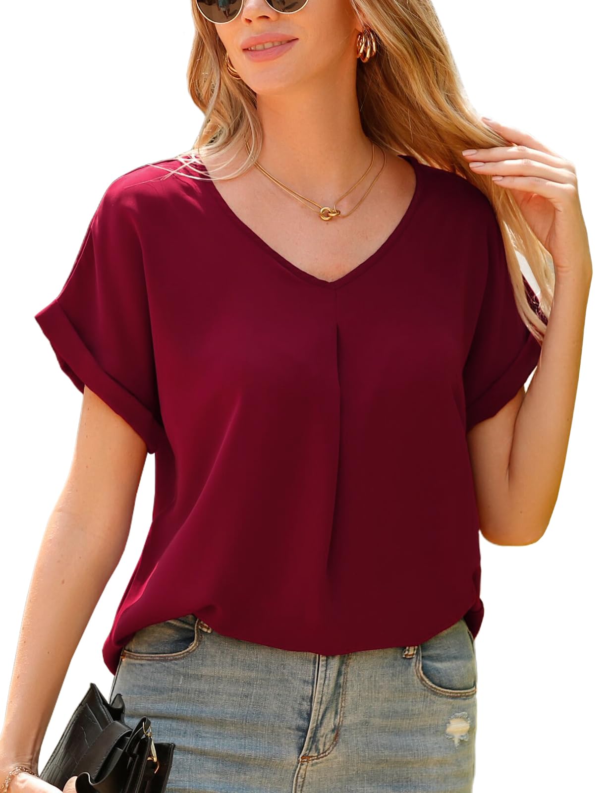 Yuson Girl Camisas Mujer Manga Corta Blusas Mujer Verano con Cuello en V Blusa de Gasa Elegante Blusa Señoras Verano Sexy Tops Informal Camisetas para Mujeres Chicas Adolescentes