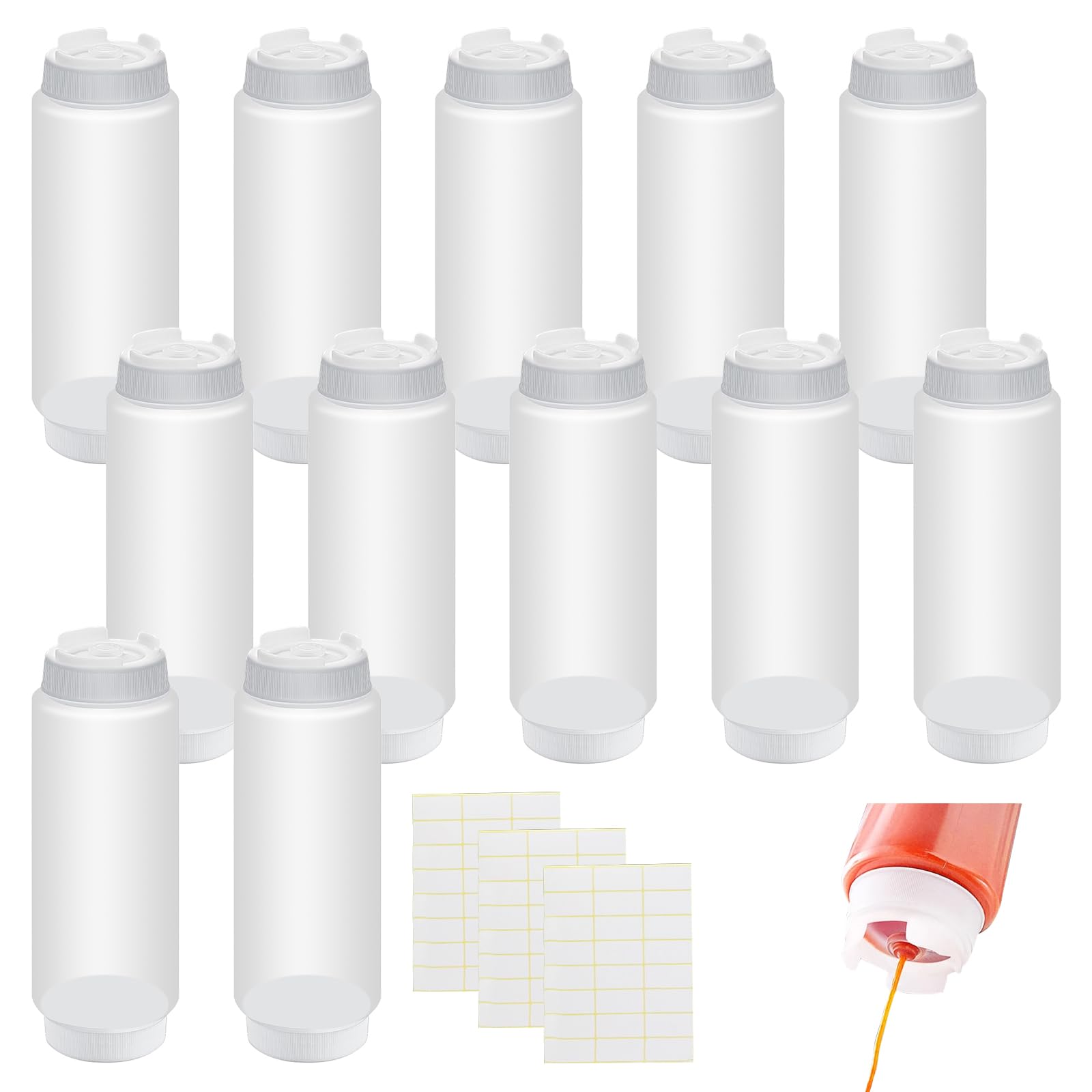 12 botellas exprimibles de condimentos de 32 onzas con etiquetas, botellas recargables transparentes invertidas, dispensador de salsa de plástico para restaurante, cocina, ketchup, aderezo y