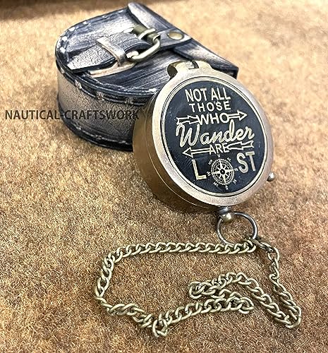 Antique Brass Compass, Nautical Pocket Compass, Navigational Magnetic Direction Compass with Leather Box (Not All Those Who Wander are Lost)