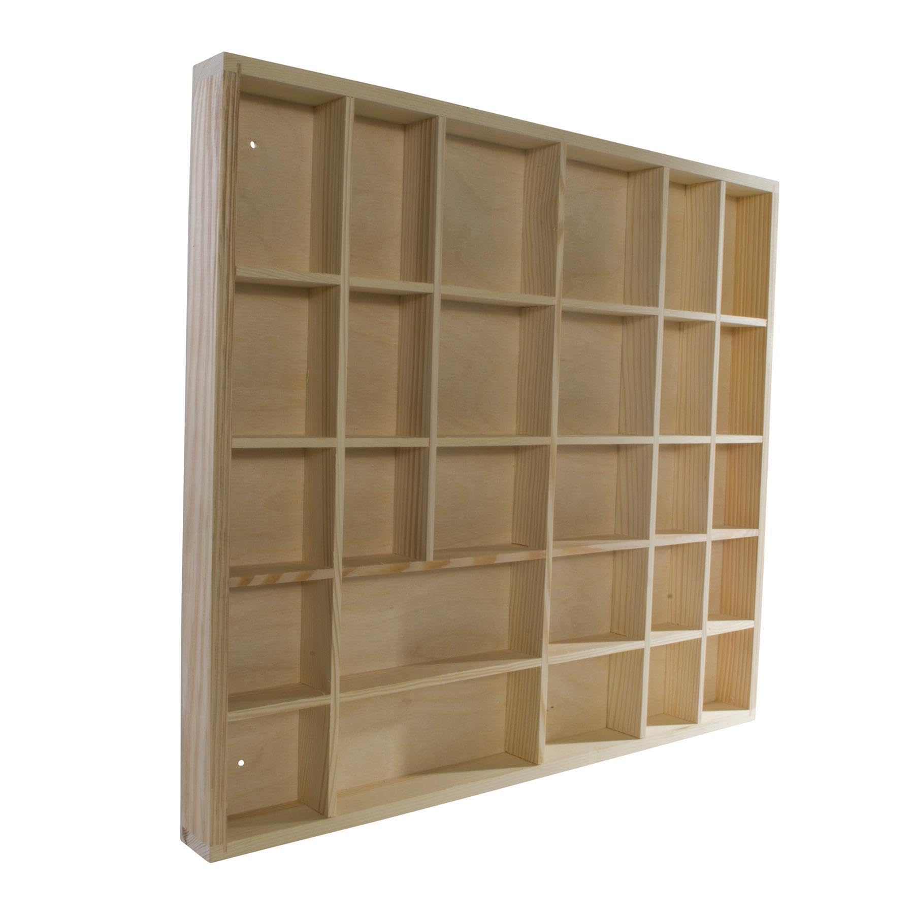 WooDeeDoo Wooden Trinket Display Shelf with 28 Compartments – Wall Mounted Shadow Box for Miniatures Collectables or DIY Craft Projects – Unfinished Pine Storage Unit 45 x 40 x 3.5 cm