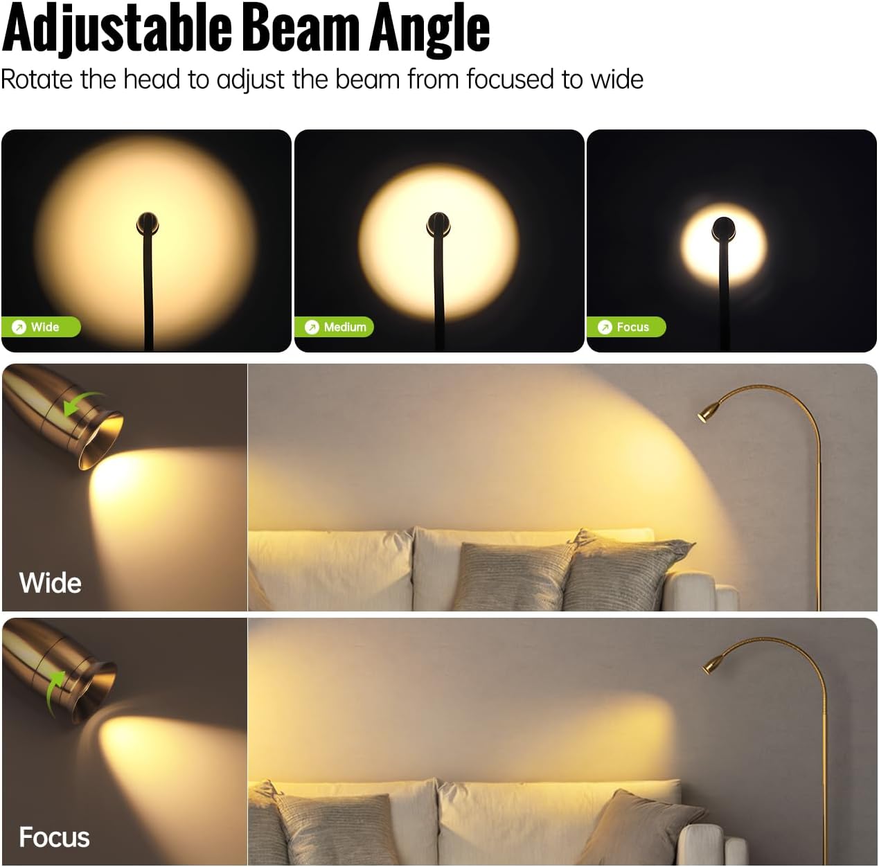 Reading Floor Lamp, 73" Standing Lamp with Dimmable Zoomable LED Spotlight, Adjustable Color Beam and Flexible Gooseneck, Remote & Pedal Control, for Reading Bedroom Crafting (Antique Brass)