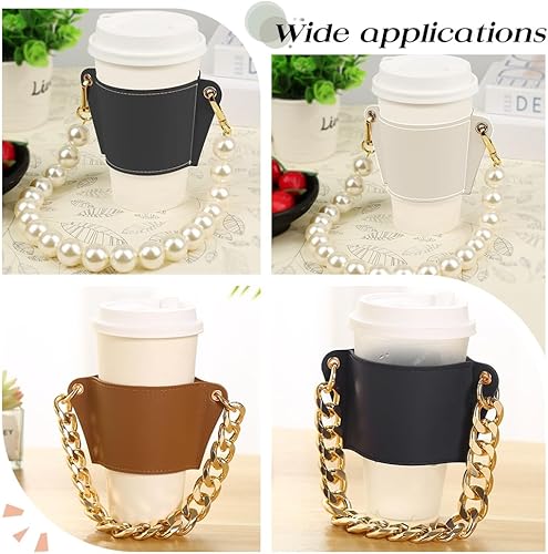 Miniatura 5 de WADORN Funda reutilizable de piel sintética con asa de perla, soporte portátil para taza de café con cadena extraíble para taza de bebidas