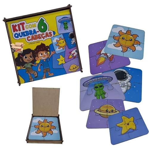 Brinquedo Pedagógico Em Madeira Estojo Kit 6 Quebra Cabeças Infantil Com 4 Peças Cada (Estojo Animai