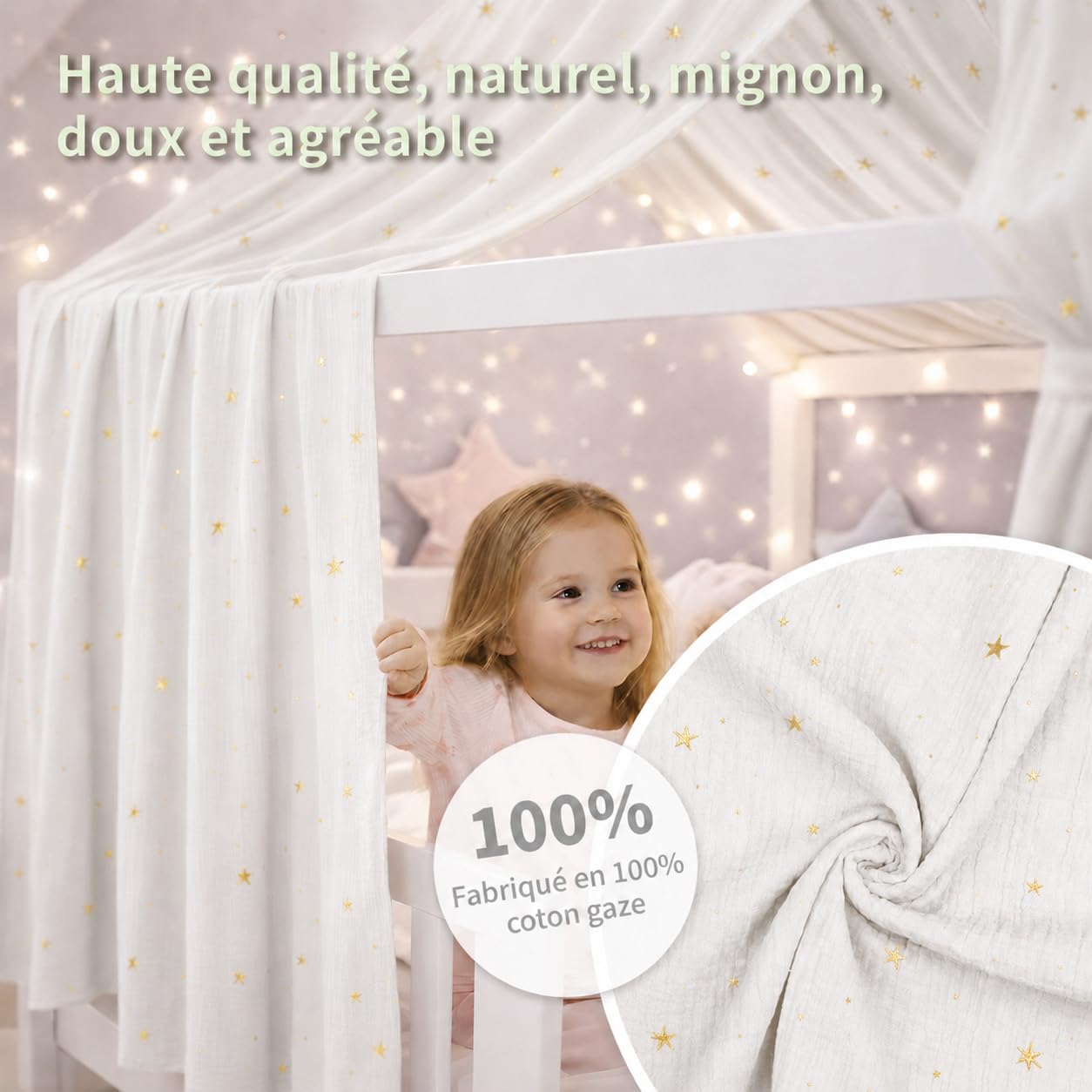Ciel de lit cabane avec étoiles dorées, Lot de 2 pièces, 100% Coton Mousseline Fait Main, Voilage décoratif pour lit cabane, Filles et garçons（Blanc, 65 X 270 cm）