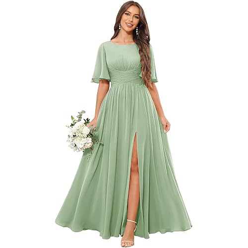 Women's Chiffon Bridesmaid Dresses with Slit Scoop Neck Flutter Sleeve Formal Wedding Guest Dress with Pockets