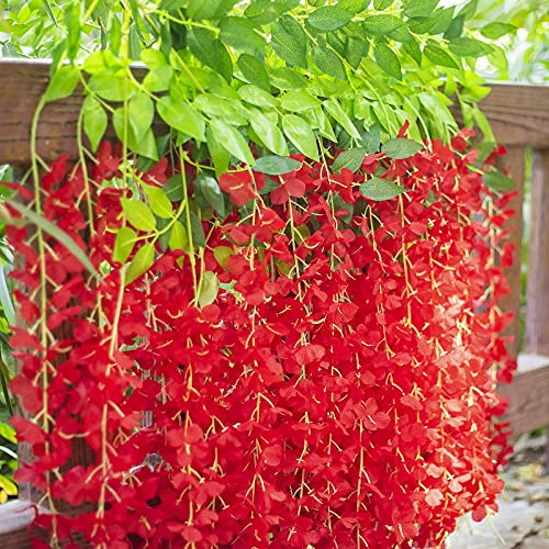 Image of Artificial Hanging Wisteria Flower Vine, Pack of 6, Red