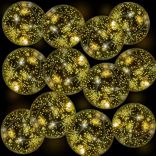 Vertintong 12 Pack 12 Inch Glow in The Dark LED Beach Ball Jumbo Confetti Glitters Inflatable Ball Swimming Pool Game for Party Pool Summer(Gold)