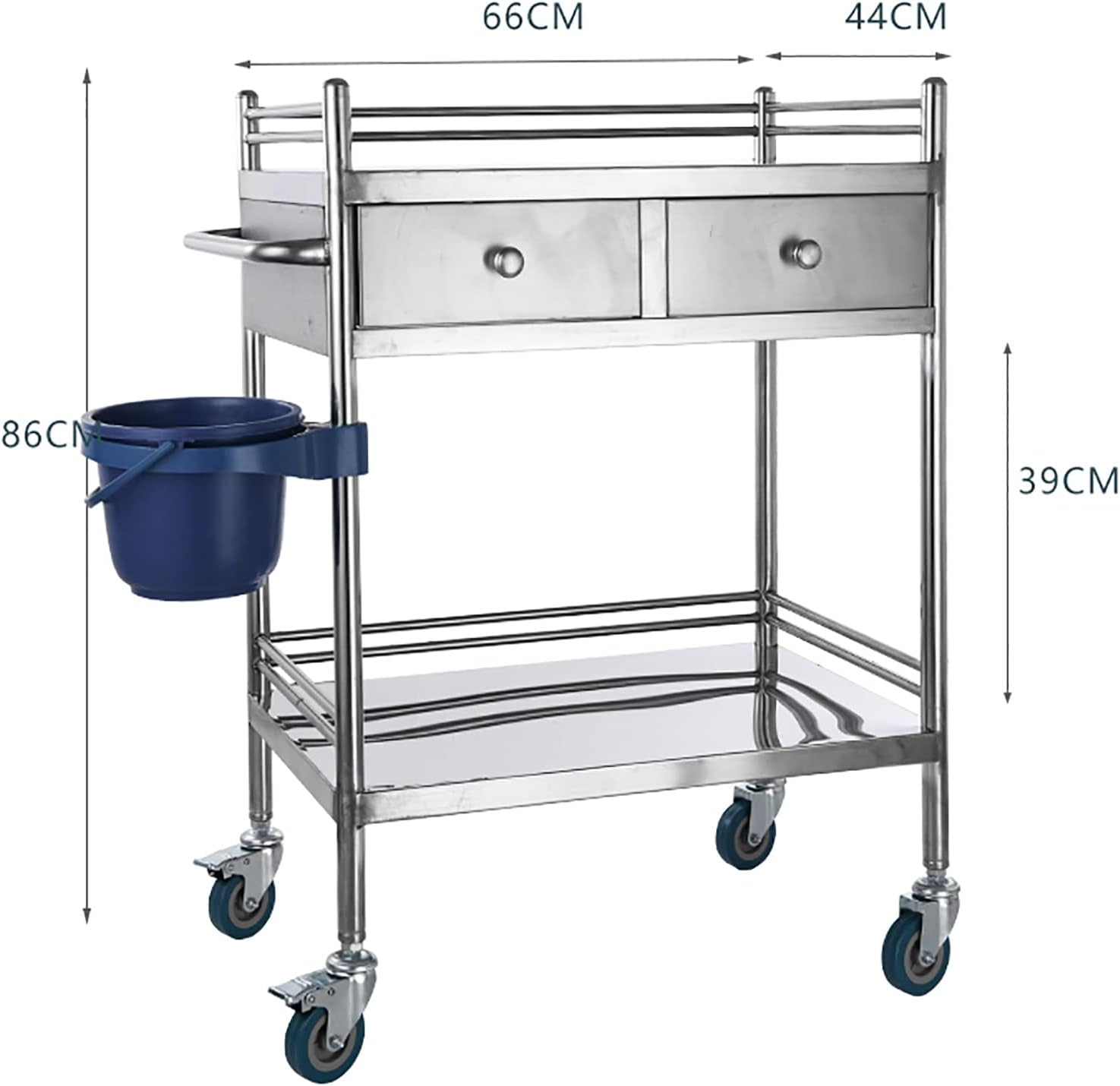 Lab Serving Cart,Lab Cart,Mobile Trolley,Stainless Steel Rolling Cart Two-Story Lab Cart with Two Drawers,with Universal Wheel,for Lab Equipment,Max Load 80kg,66x44x86cm