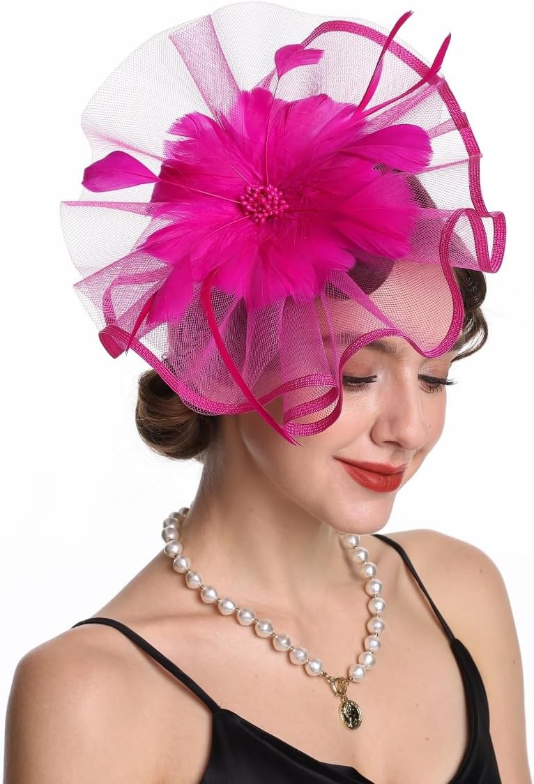 SAFERIN Fascinator for Women Hair Clip Hat Bowler Feather Flower Veil Wedding Party Hat Tea Hat
