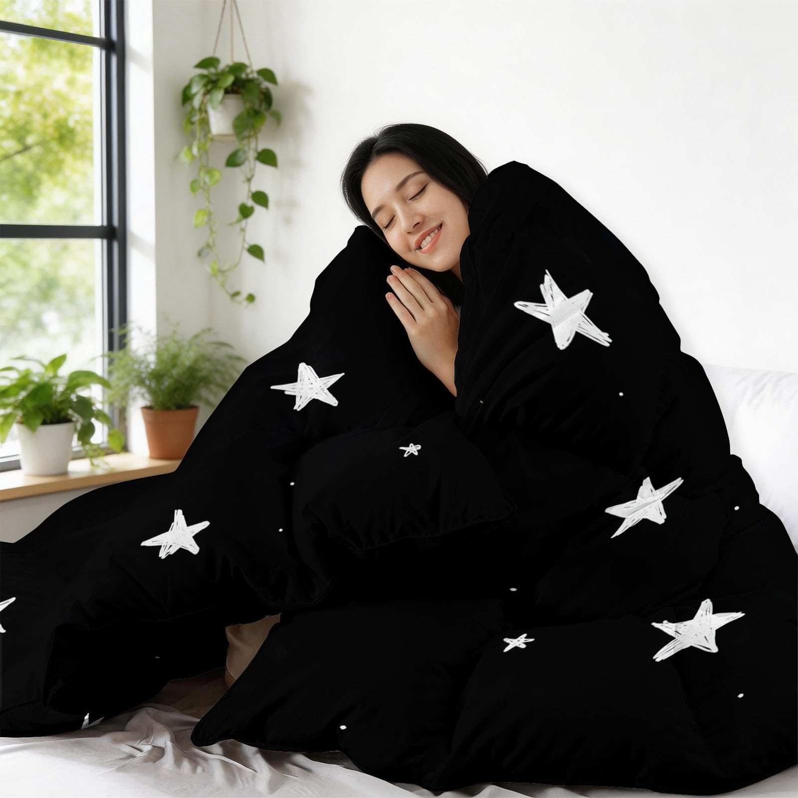 Negro Edredón Nórdico Libros Ilustrados Infantiles Luna Estrellas Trapunta con Acolchado en Diamante, Microfibra Premium, Suave y Transpirable – Todo en Uno, Set de Ropa de Cama 180 x 220 cm 3 Piezas